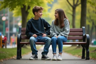 Adolescents discutant sur un banc dans un parc urbain