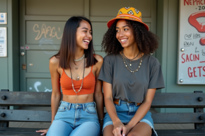 Deux jeunes femmes riant en ville avec graffitis et posters