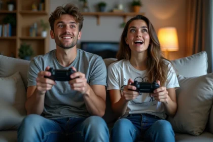 Jeune homme et femme gamers sur un canapé dans un salon cosy
