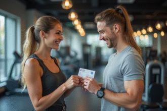 Deux jeunes souriants dans une salle de sport lumineuse