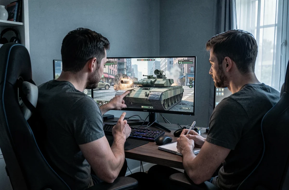 Deux joueurs analysant ensemble une partie de jeu de chars Leclerc sur des moniteurs gaming dans un salon, session de stratégie collaborative
