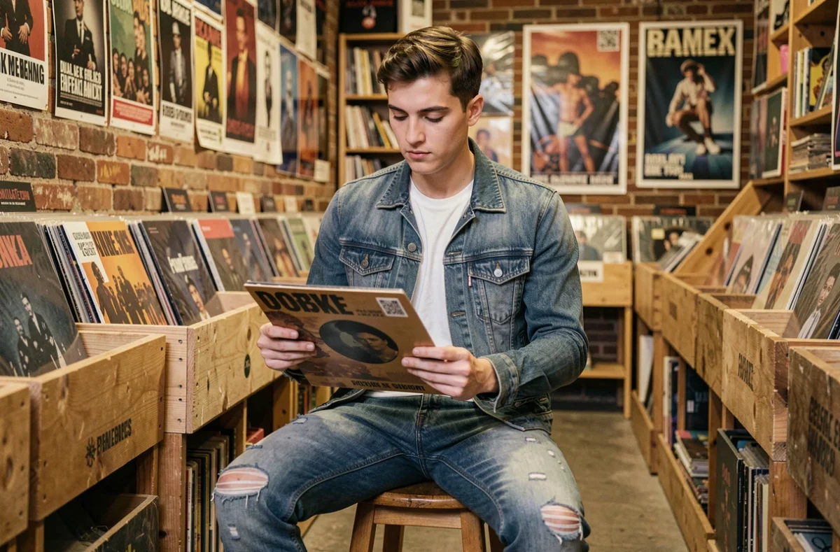 Jules rappeur dans un disquaire vinant inspirer son univers musical unique et ses influences