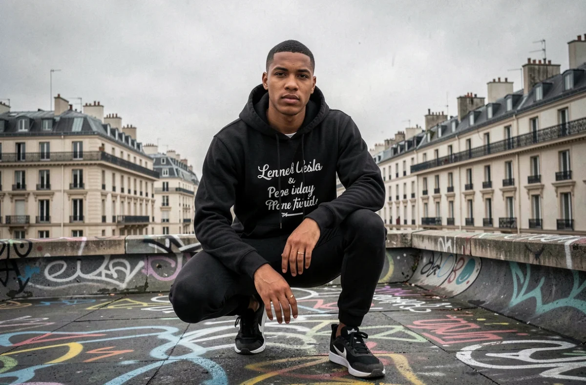 Jules rappeur sur un toit parisien avec graffitis, construction de son identité artistique urbaine