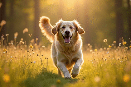 Labrador à poil long courant dans un champ ensoleille