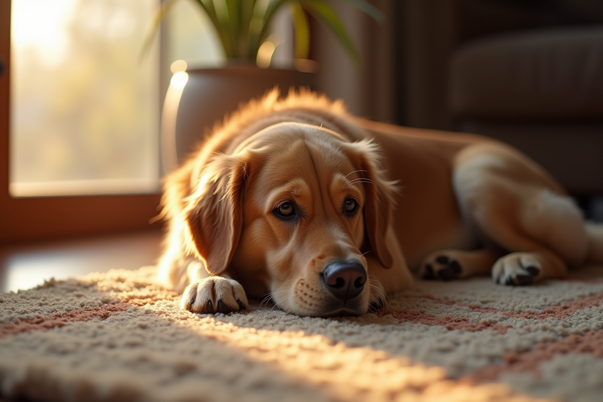 Labrador au poil long allongé sur un tapis dans un salon lumineux