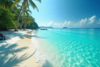 Lagon turquoise à Pulau Redang en Malaisie avec sable blanc et palmiers
