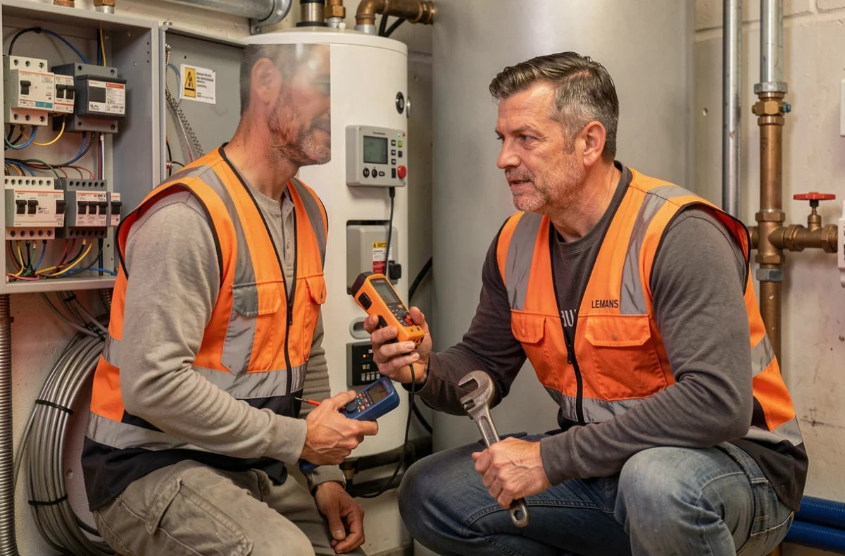 Électricien-plombier Lhermenier au Mans travaillant simultanément sur un tableau électrique et un chauffe-eau