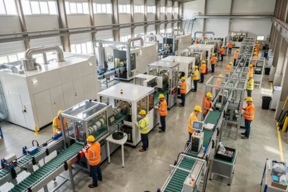 Ligne de production d'une usine avec ouvriers en équipement de sécurité