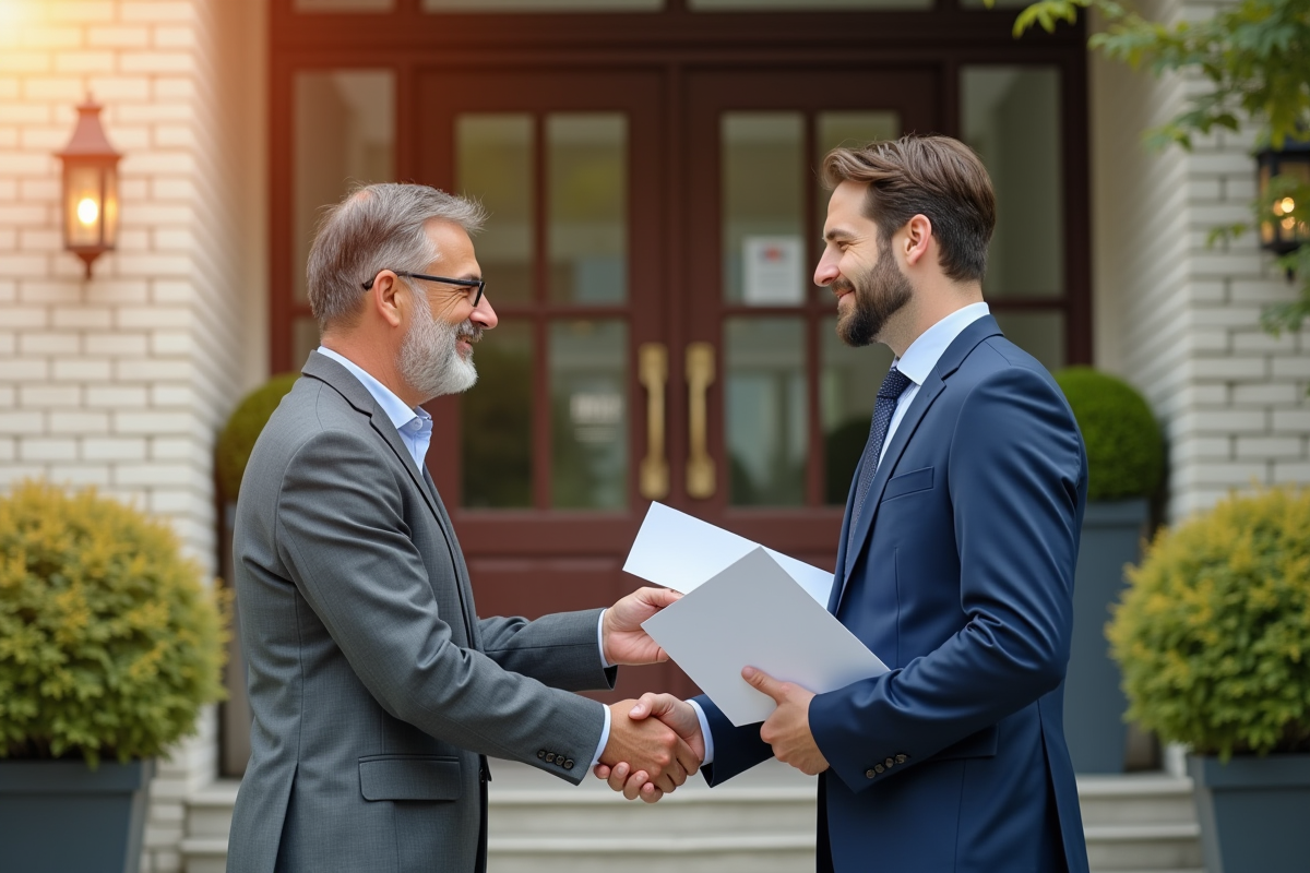 Propriétaire et locataire se serrant la main devant un immeuble bien entretenu