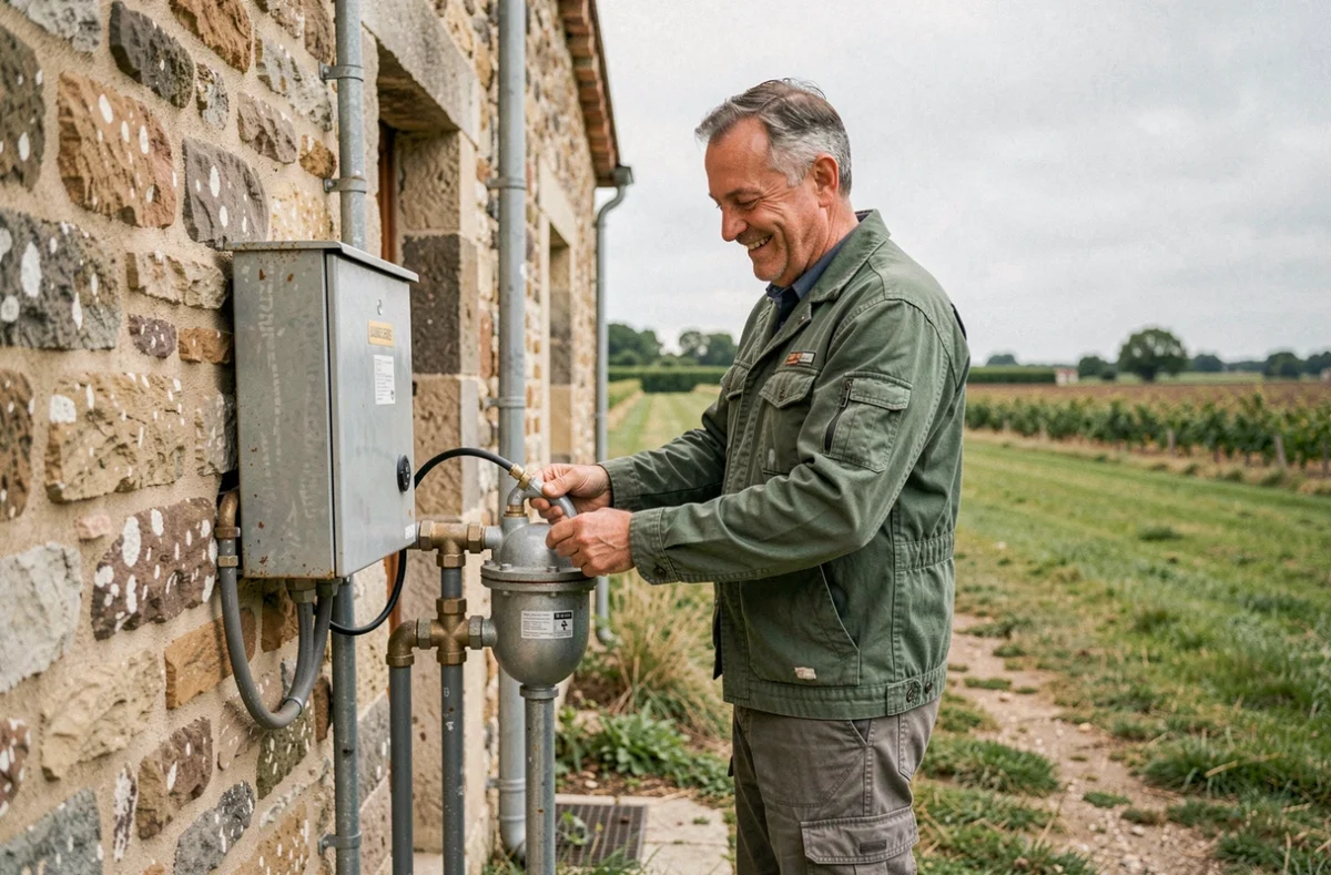Plombier-électricien Louerat Roger à Chaumes-en-Retz inspectant un compteur d'eau extérieur sur une ferme en pierre