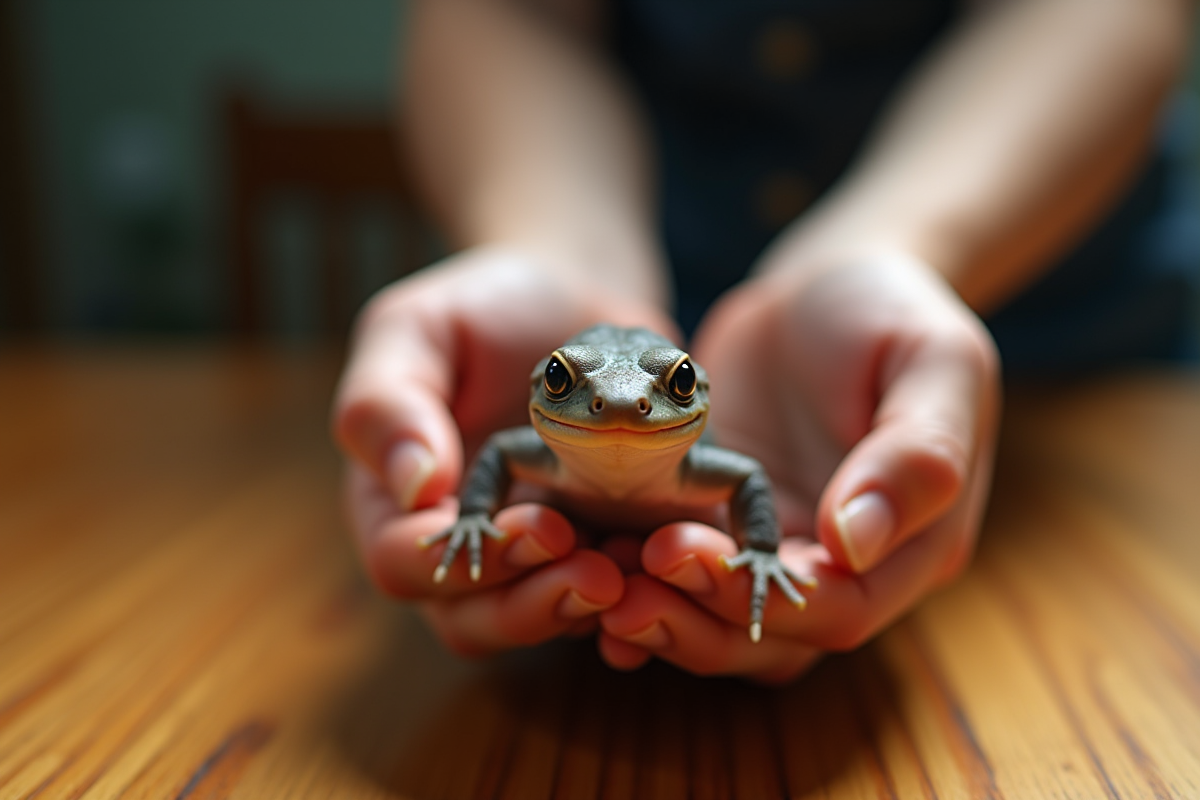 Personne tenant une salamandre sur une table en bois