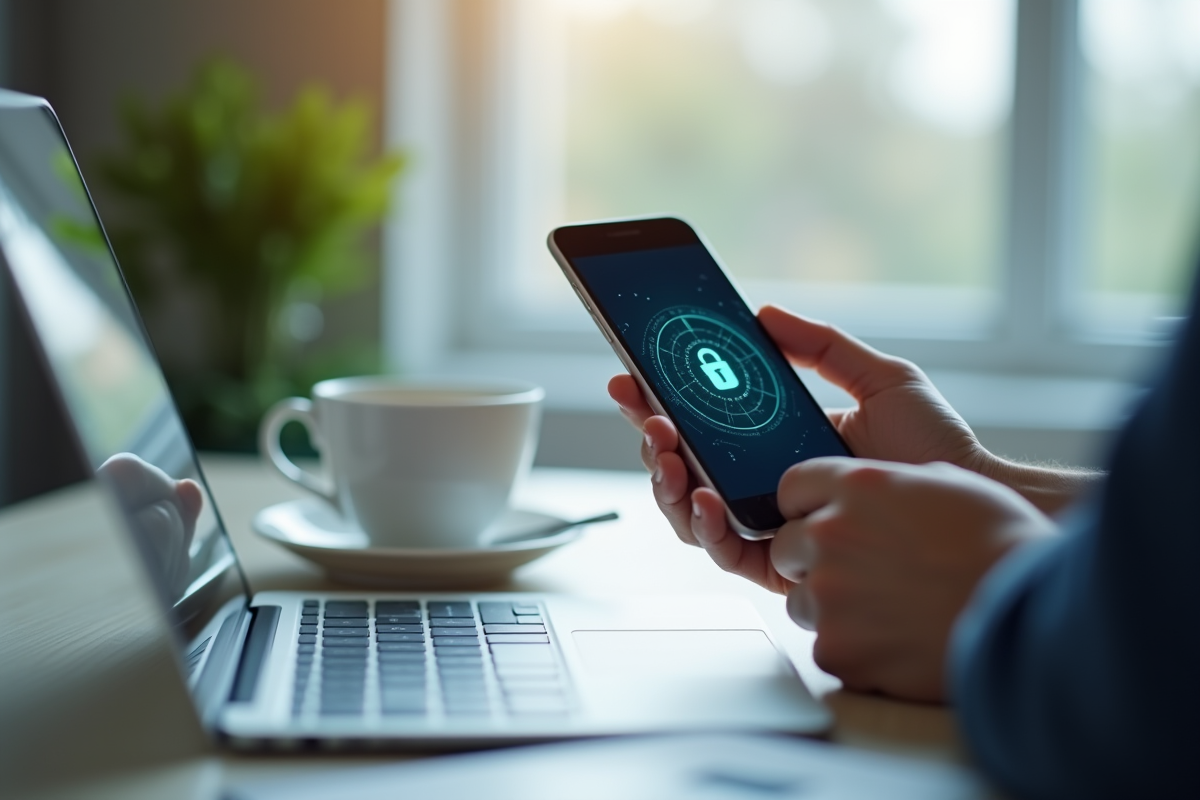 Mains tenant un smartphone avec une application VPN en vue