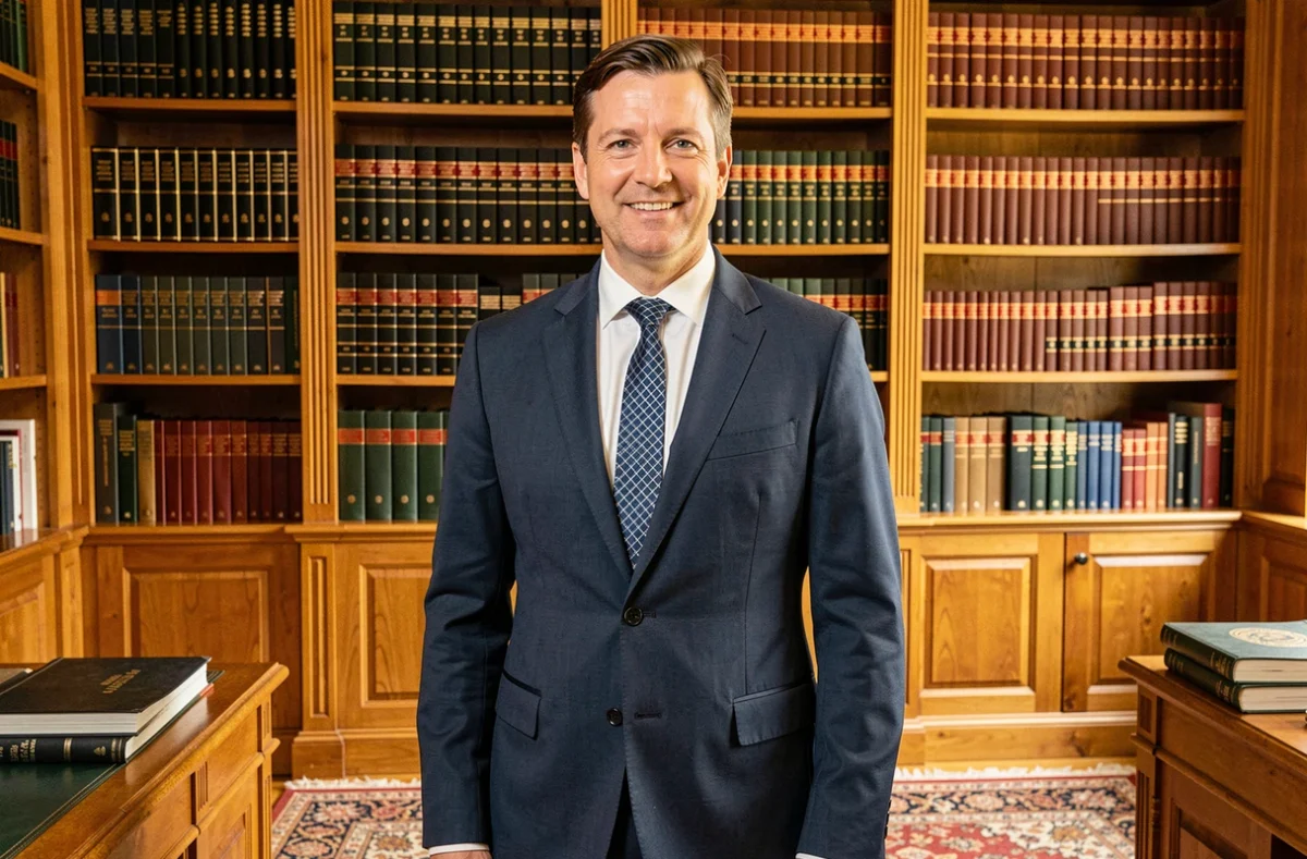 Maître Benoit Bariteau, avocat au barreau de Tours, debout devant une bibliothèque juridique dans son cabinet classique