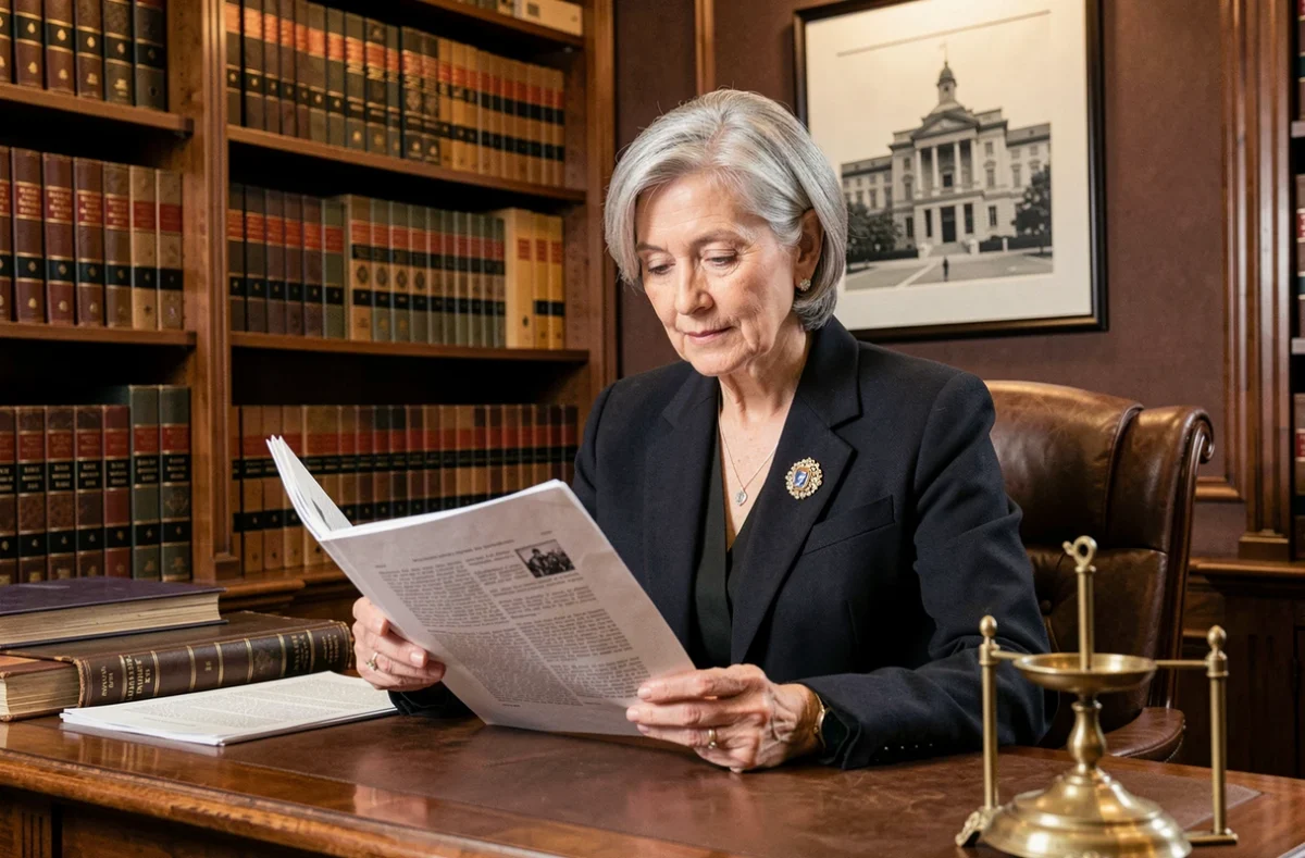 Maître Jacqueline Chamiot-Clerc, avocate au barreau de Tours, lisant un dossier juridique dans son cabinet classique et distingué