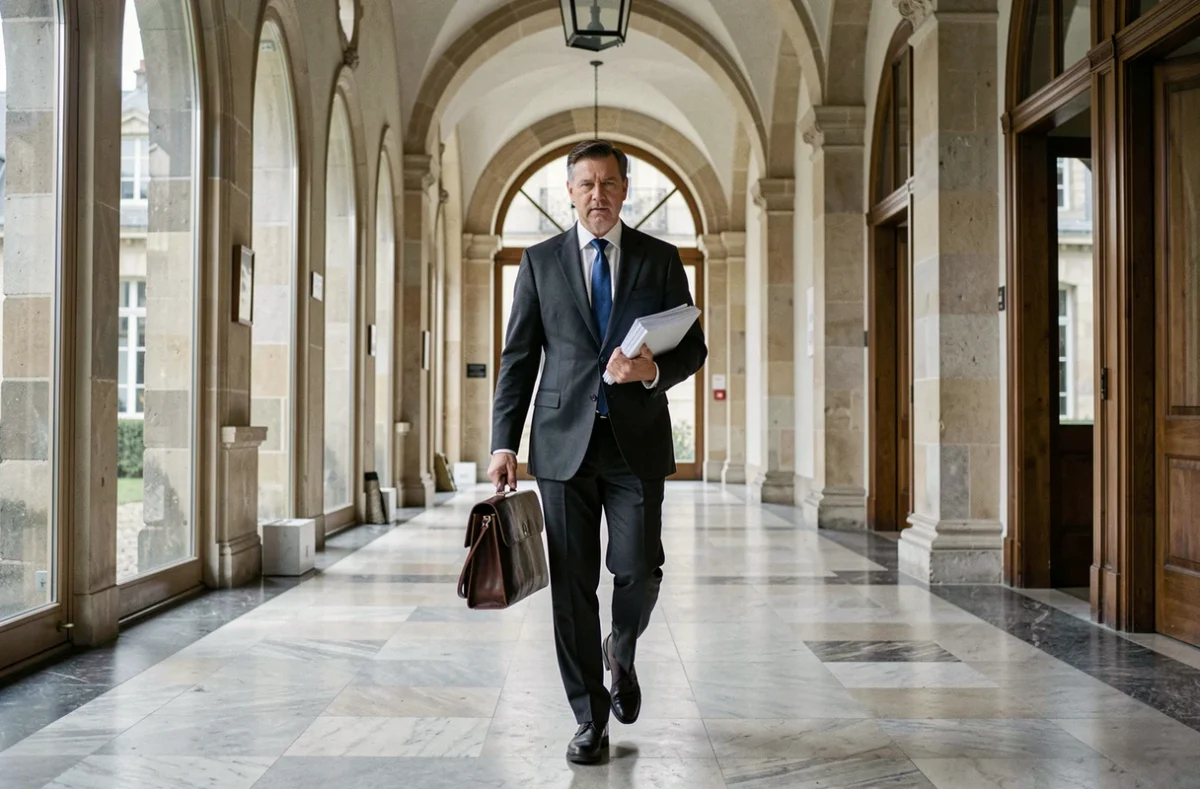 Maître Pascal Vilain, avocat en Centre-Val de Loire, marchant dans le couloir d'un palais de justice régional avec sa mallette