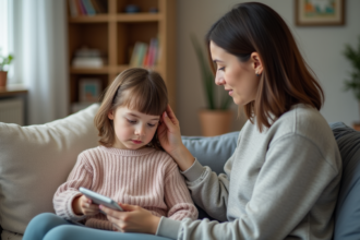 Fille de 5 ans sur les genoux de sa mère dans un salon chaleureux