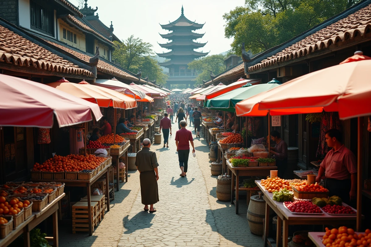 Marché traditionnel en Asie du Sud-Est illustrant la diversité culturelle et géographique du continent