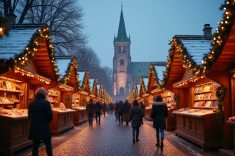 Marché de Noël à Montbéliard en soirée avec lumières et foule
