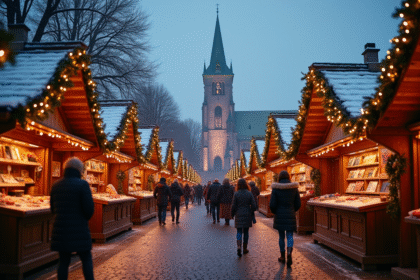 Marché de Noël à Montbéliard en soirée avec lumières et foule
