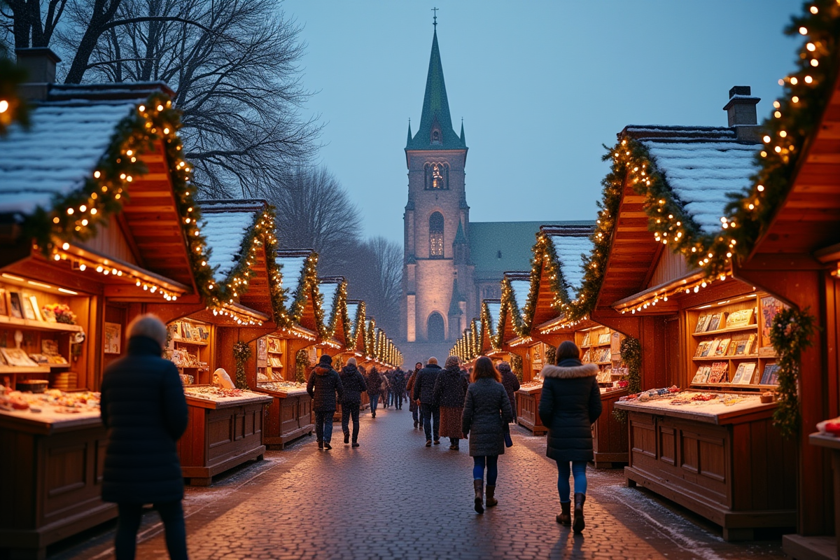 Marché de Noël à Montbéliard en soirée avec lumières et foule