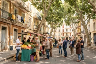 Marché de quartier animé dans le nord de Marseille avec des habitants discutant autour d'étals de fruits et légumes colorés
