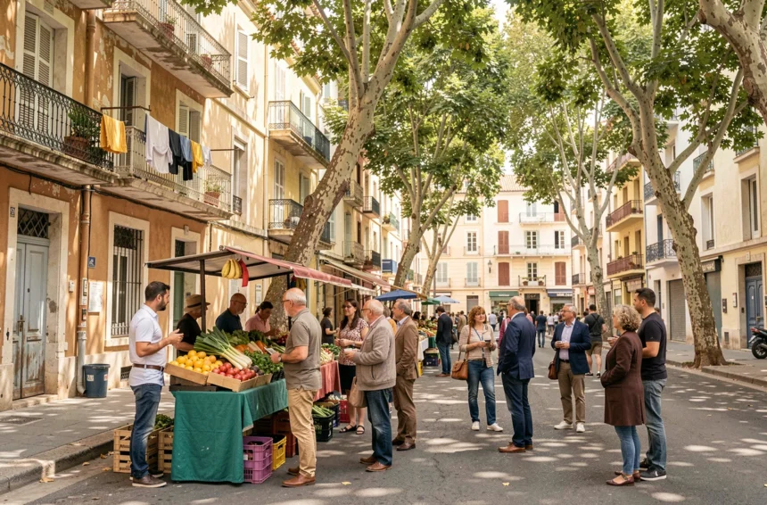 Marché de quartier animé dans le nord de Marseille avec des habitants discutant autour d'étals de fruits et légumes colorés