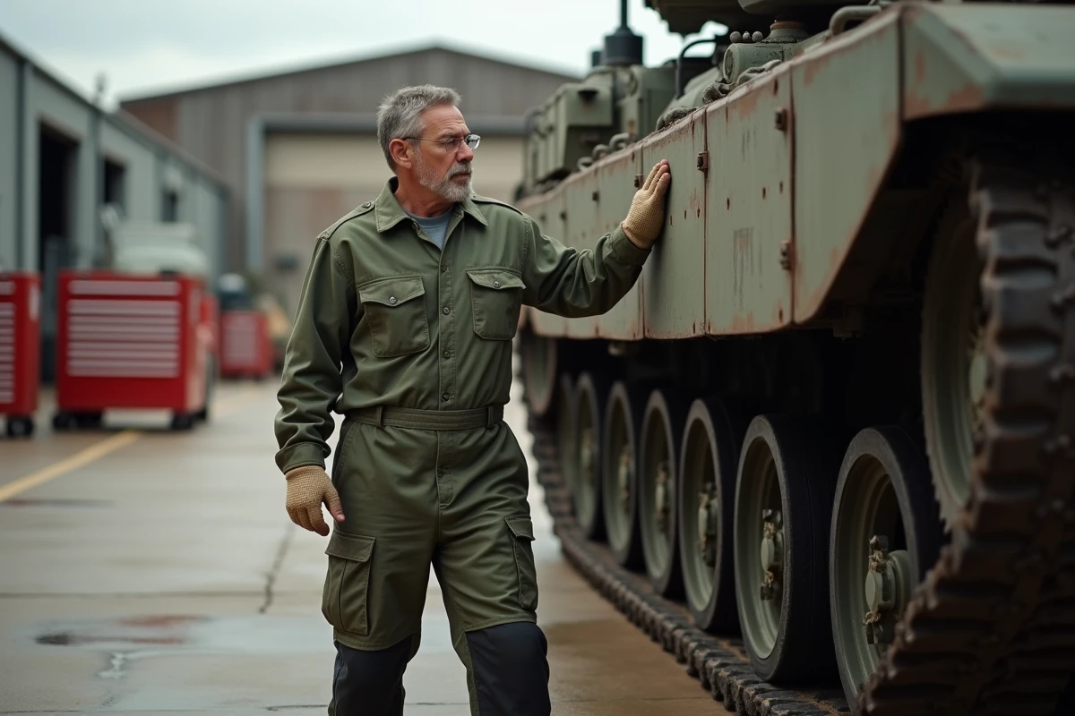 Mécanicien inspectant le char de combat moderne en extérieur