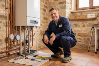 Chauffagiste professionnel travaillant sur une chaudière moderne dans une maison du Tarn