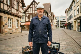 Électricien professionnel devant le paysage urbain de Mulhouse représentant les meilleurs électriciens de la ville