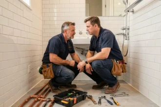 Plombier professionnel en uniforme bleu travaillant dans une salle de bain moderne dans les Pays de la Loire