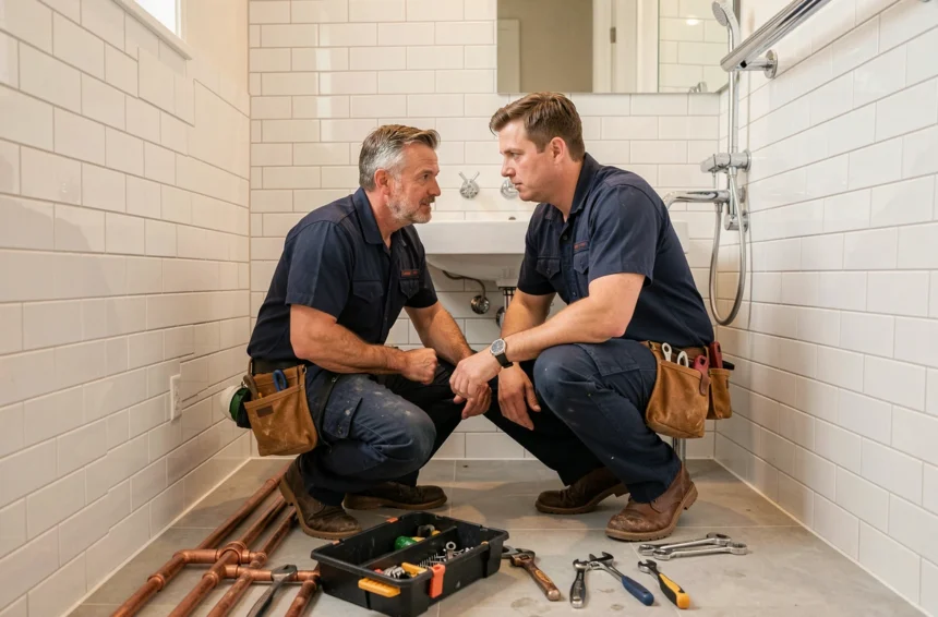 Plombier professionnel en uniforme bleu travaillant dans une salle de bain moderne dans les Pays de la Loire