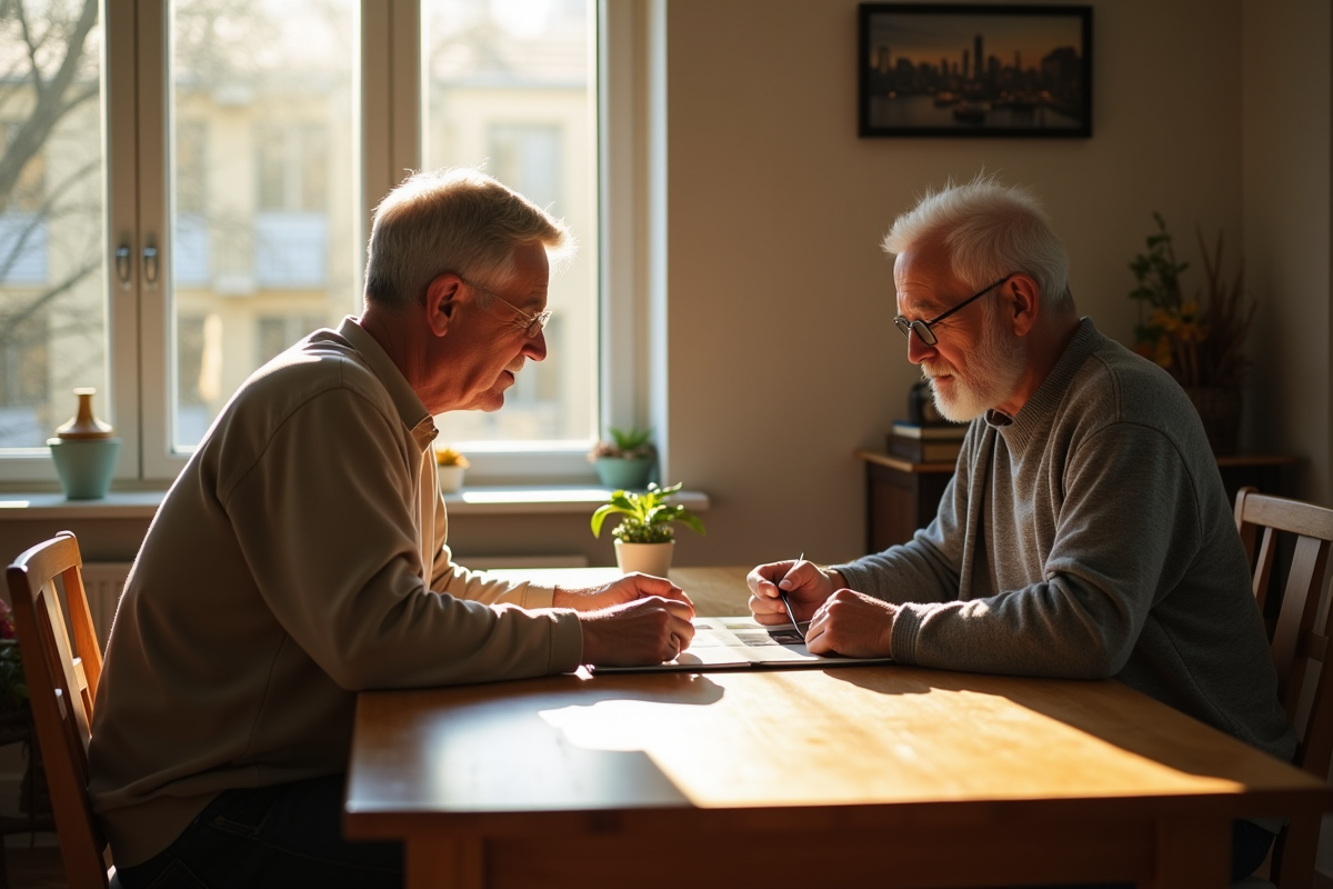 Couple mature regardant un album photo à la maison