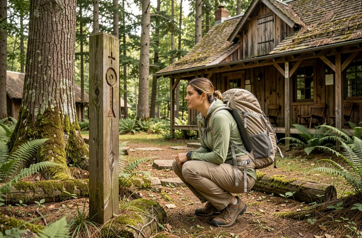 Une joueuse découvrant un indice en forêt lors de l'escape game Mystères à l'Écolodge dans le Loiret