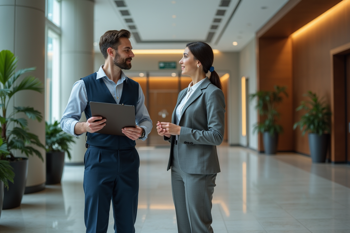 Agent de nettoyage professionnel dans un lobby moderne