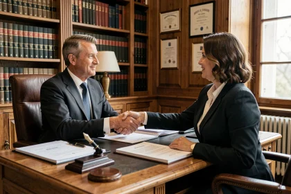 Un notaire en costume sombre serre la main d'une cliente dans un bureau notarial formel avec bibliothèque juridique et documents officiels