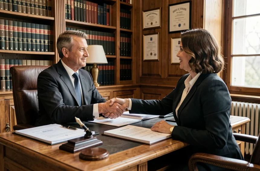 Un notaire en costume sombre serre la main d'une cliente dans un bureau notarial formel avec bibliothèque juridique et documents officiels