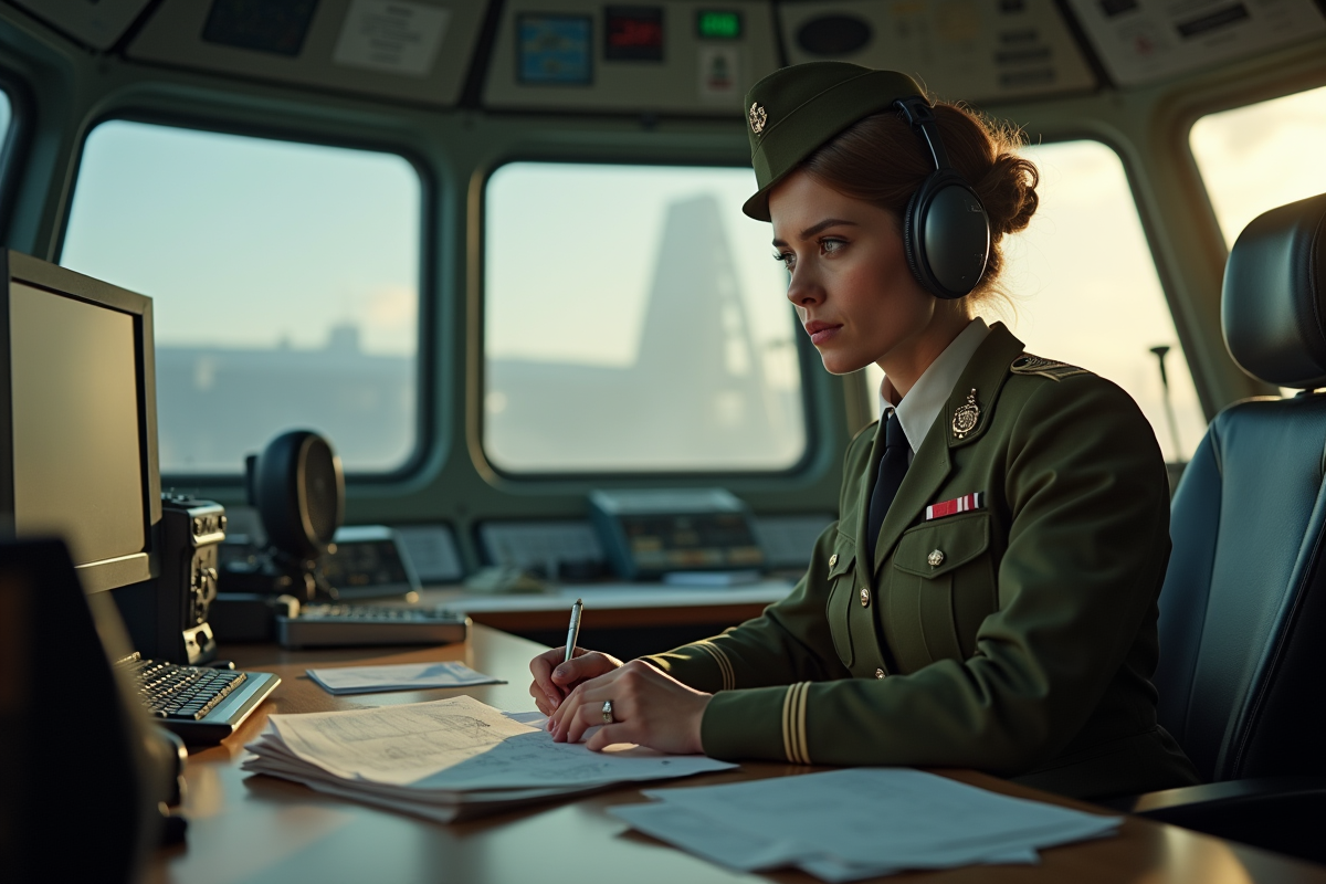 Officière de la RAF en uniforme travaillant à un bureau