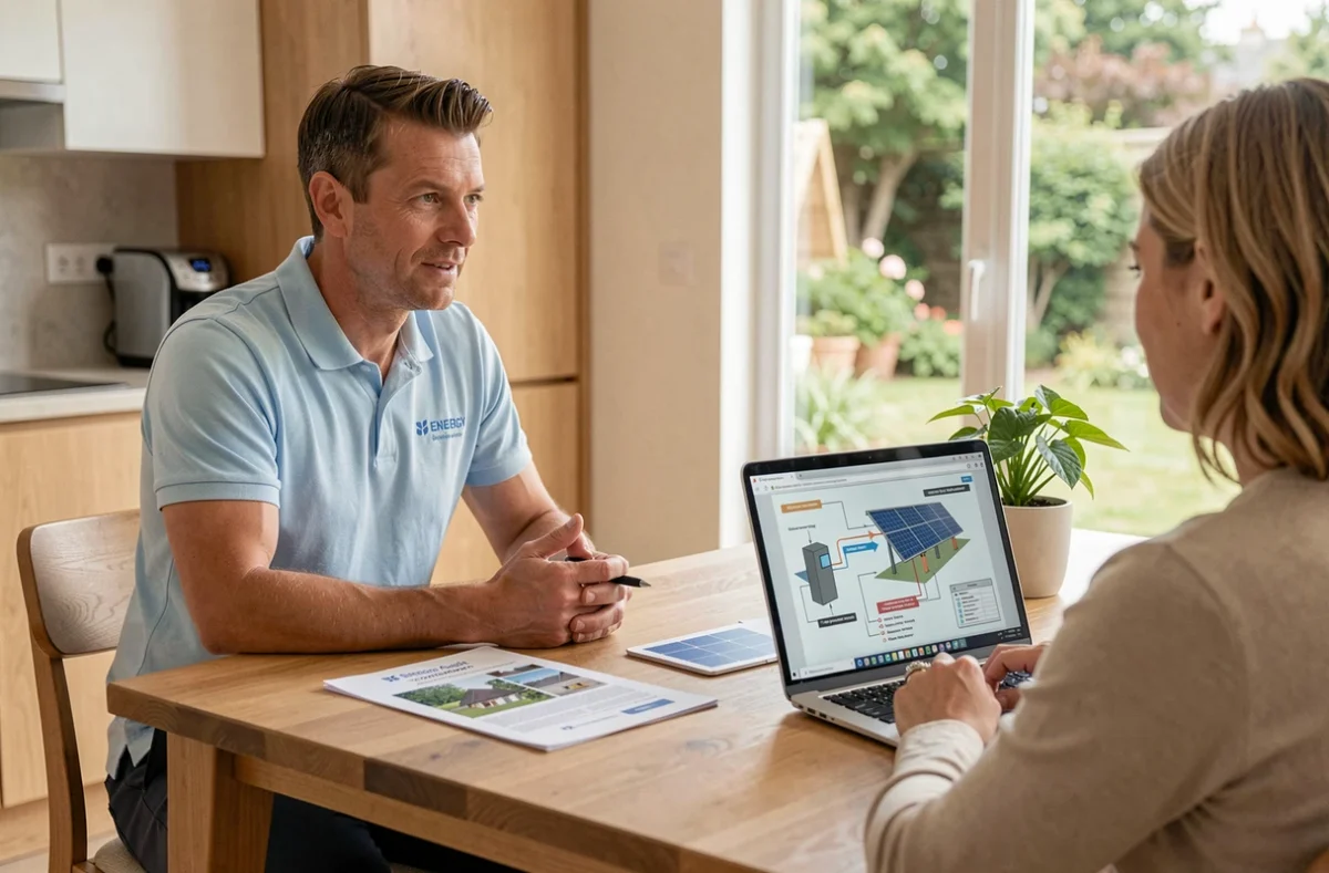 Conseiller Optimisation Habitat Energie OHE présentant un bilan énergétique et des solutions en énergies renouvelables à un propriétaire