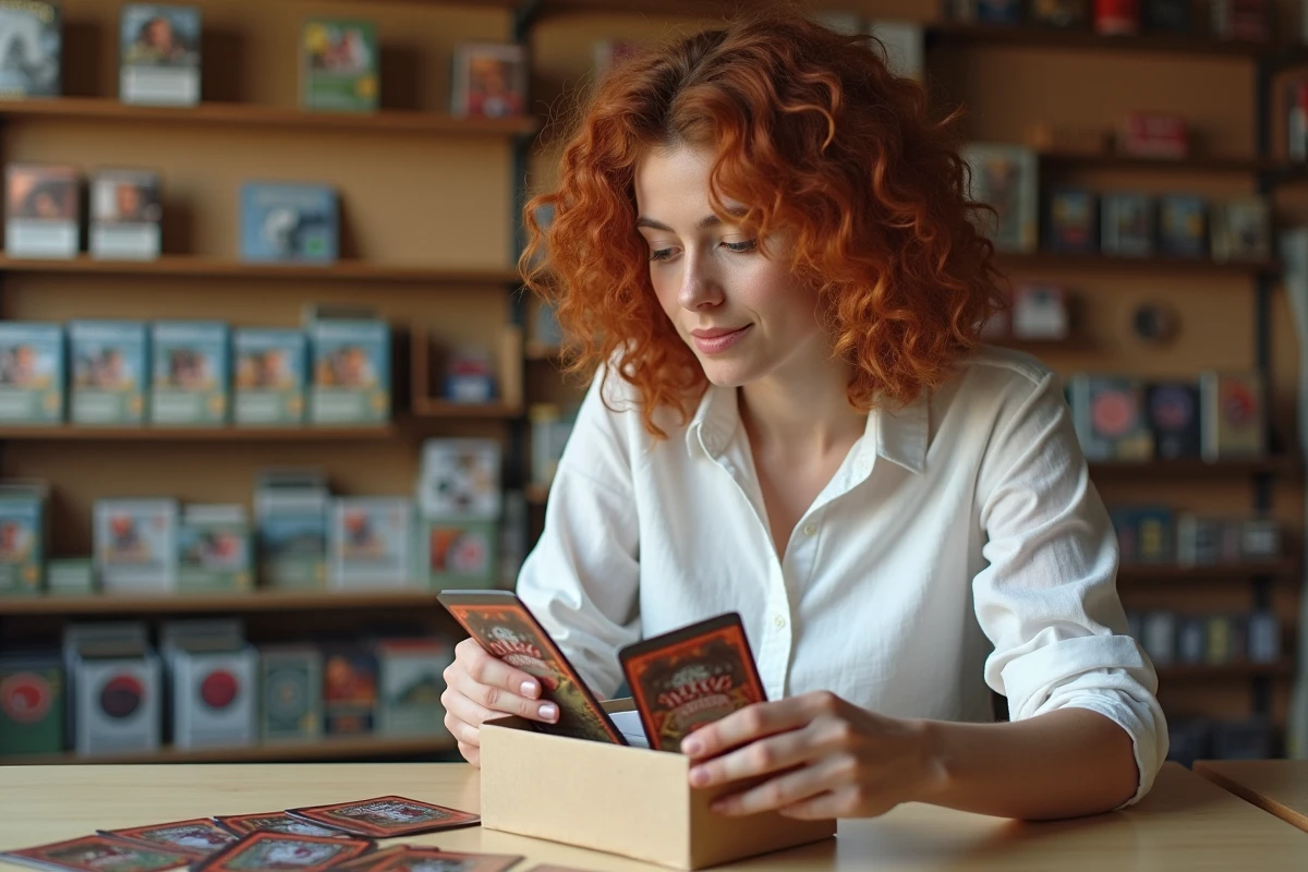 Femme ouvrant un booster ETB Aventure Ensemble EV09 dans une boutique de jeux de cartes à collectionner
