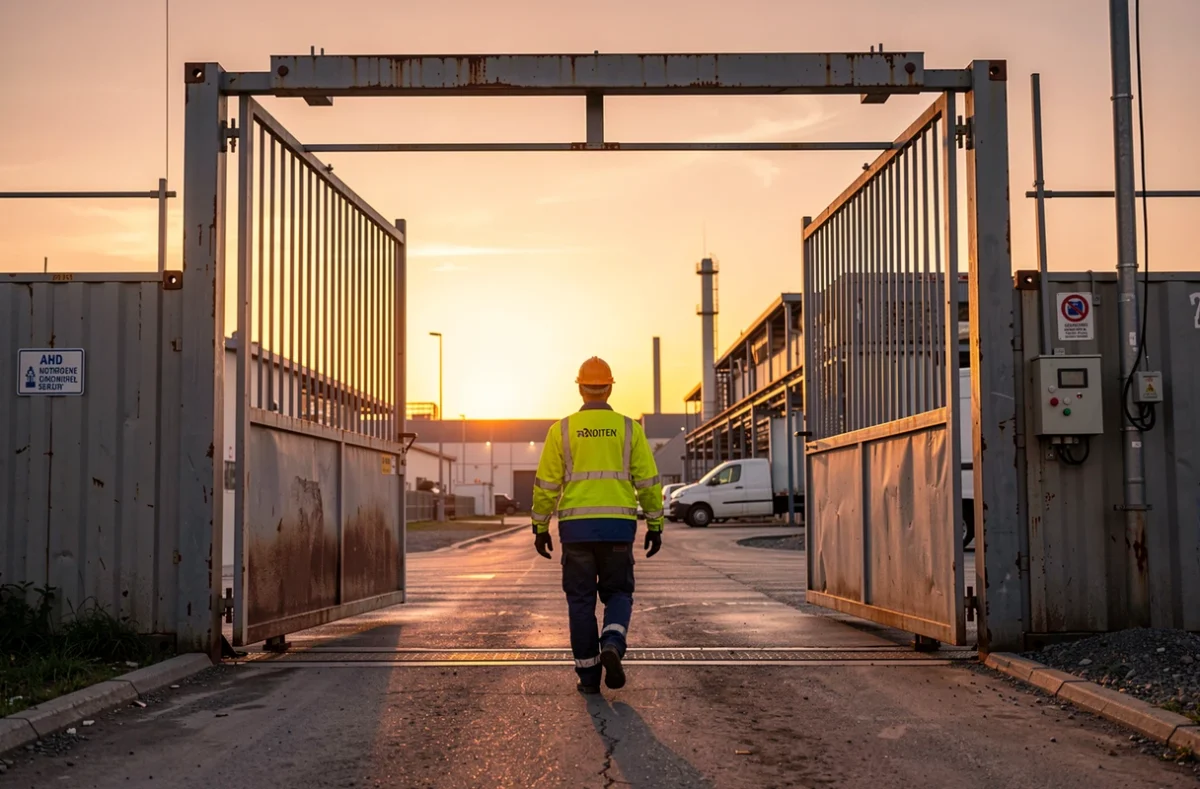 Ouvrier quittant une usine à la fin de son poste