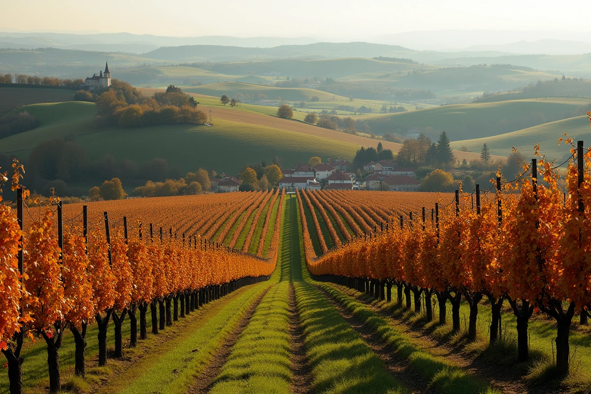 Panorama des vignobles d'Armagnac en automne dans les collines du Gers avec village gascon en arrière-plan