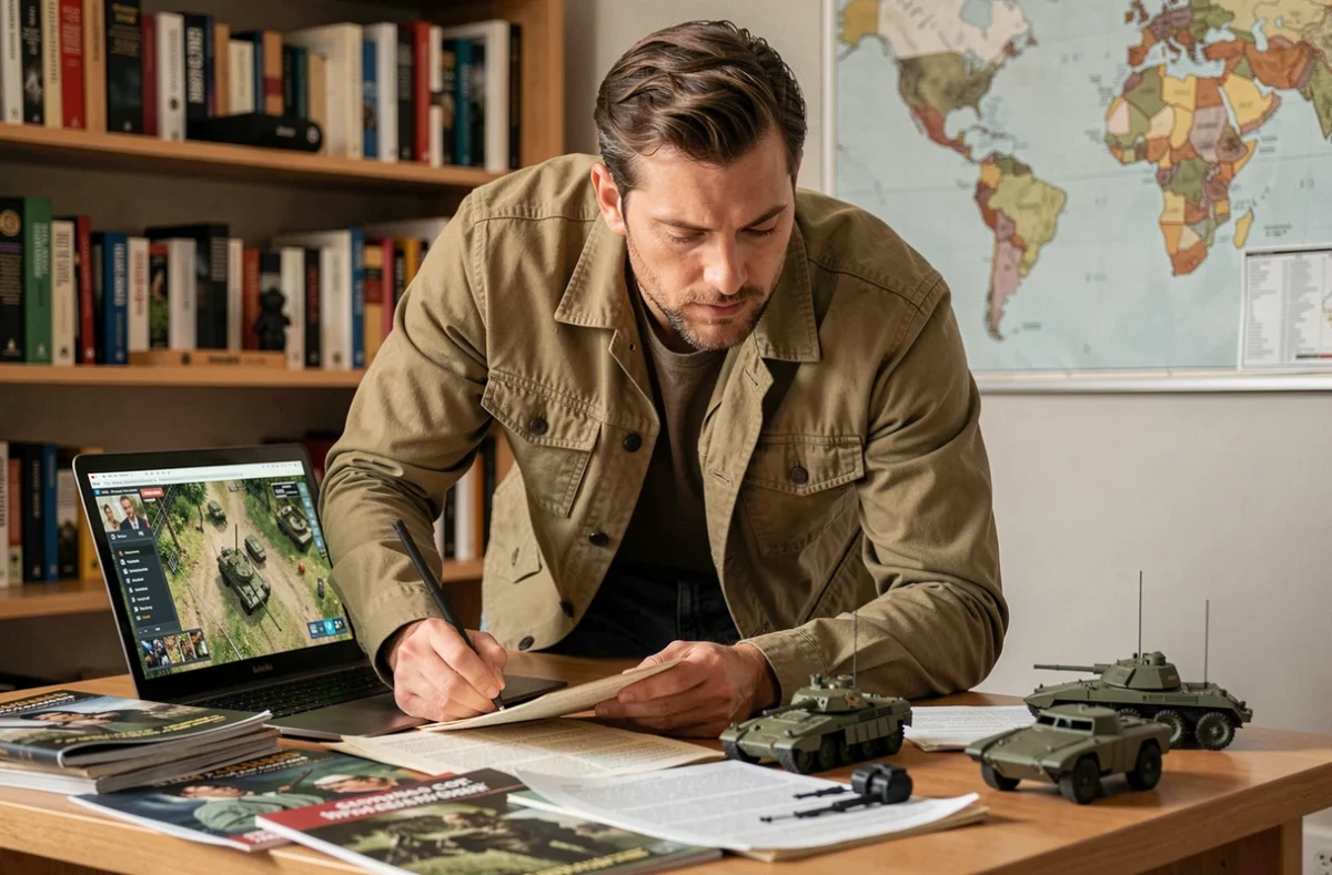 Passionné de jeux de stratégie militaire étudiant des guides tactiques sur un bureau encombré avec des maquettes de chars