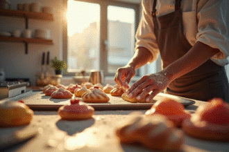 Pâtissier passionné décorant des pâtisseries colorées dans une boulangerie lumineuse