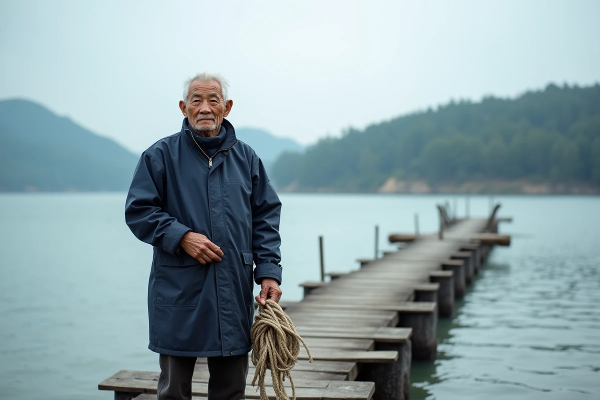 Pêcheur japonais âgé debout sur une jetée en bois face à une baie calme, expression sereine et contemplative