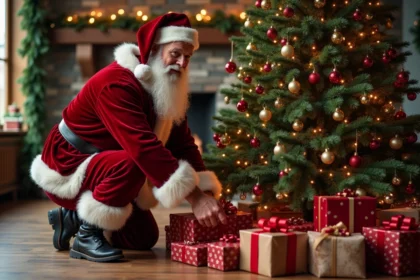 Père Noël souriant près du sapin de Noël décoré