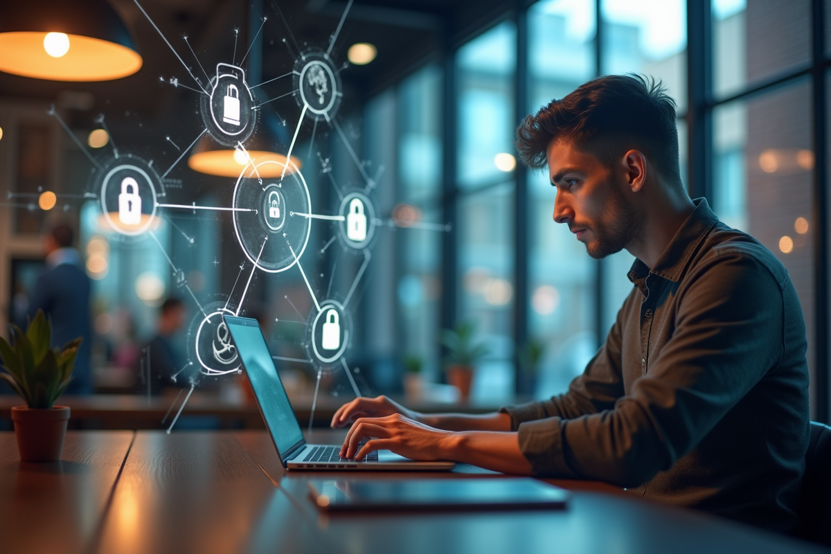 Personne travaillant sur un ordinateur dans un café moderne avec cadenas digital