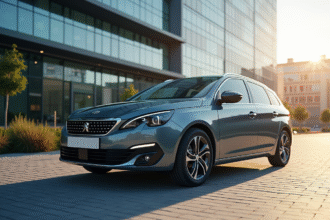 Voiture Peugeot 308 devant un bâtiment moderne en plein jour