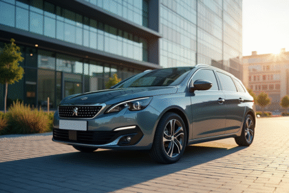 Voiture Peugeot 308 devant un bâtiment moderne en plein jour
