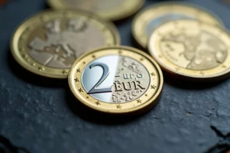 Pièce de 2 euros rare avec erreur de frappe visible en gros plan sur ardoise sombre
