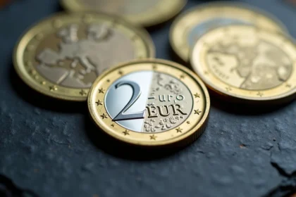 Pièce de 2 euros rare avec erreur de frappe visible en gros plan sur ardoise sombre